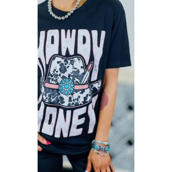 SALE! Howdy Honey Turquoise Accent Graphic Tee Boho Country Vintage Black - Picture 2 of 3